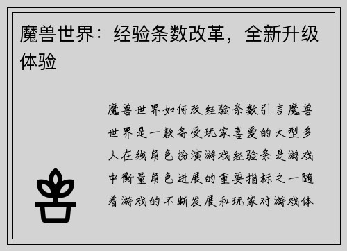 魔兽世界：经验条数改革，全新升级体验